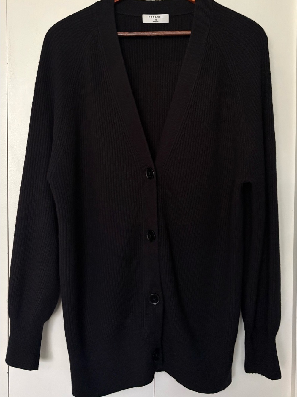Babaton Black Ribbed V-Neck Button Cardigan
